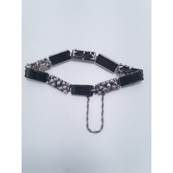 Antique Sterling Silver Link Onyx Bracelet, Flowers - Picture 11 of 11